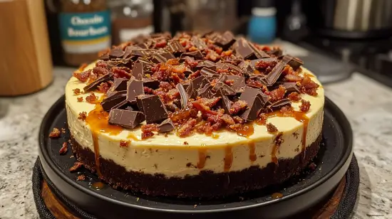 Delicious Chocolate Bourbon Bacon Cheesecake with a drizzle of caramel and bacon crumbles