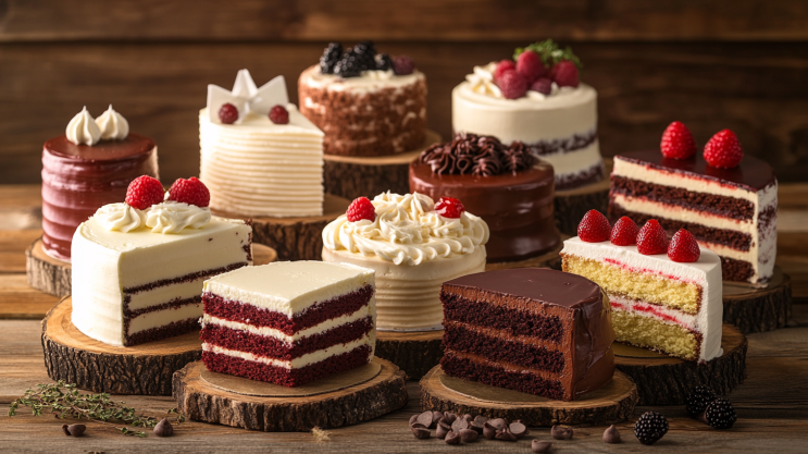 A variety of delicious cake flavors displayed on a rustic table