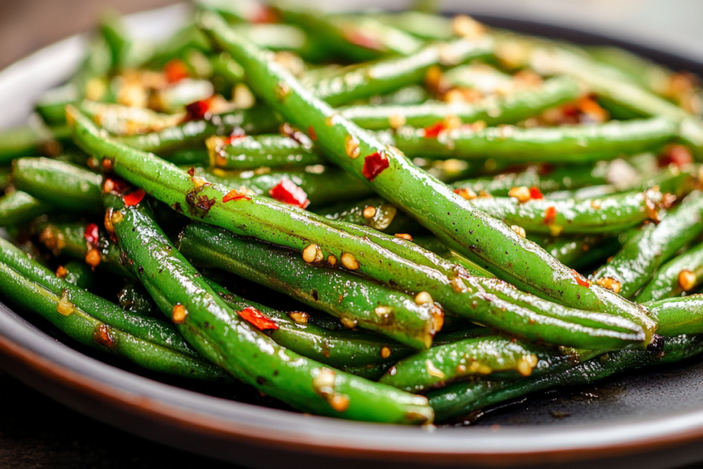 Plate of crispy air fryer green beans with seasoning