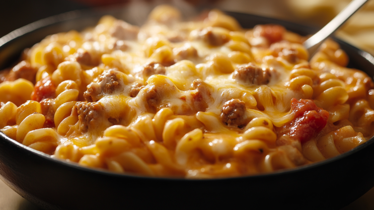 Creamy Rotel Pasta in a bowl with melted cheese and red Rotel tomatoes