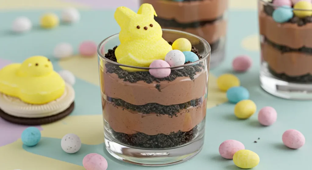 Easter Dirt Cup with marshmallow Peep and candy eggs