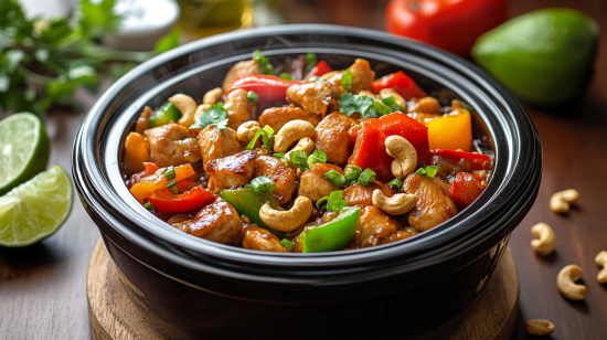 Crock Pot Cashew Chicken with cashews and veggies in a slow cooker