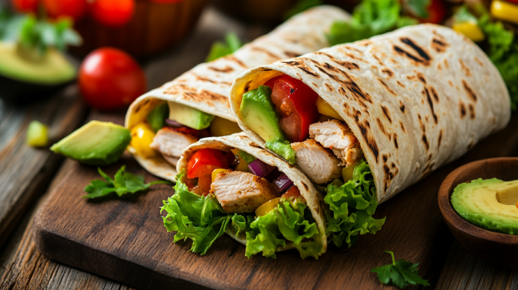 Fresh tortilla wraps filled with chicken and vegetables