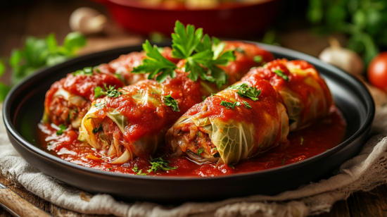 Italian Stuffed Cabbage Rolls served with marinara sauce