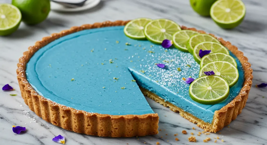 Blue Moon Lime Tart with lime slices and edible flowers on marble table.