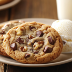 Freshly baked chocolate chip walnut cookies with milk and ice cream