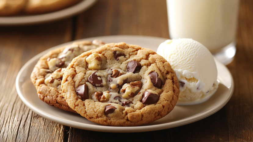 Freshly baked chocolate chip walnut cookies with milk and ice cream