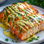 Air fryer crab stuffed salmon with lemon sauce