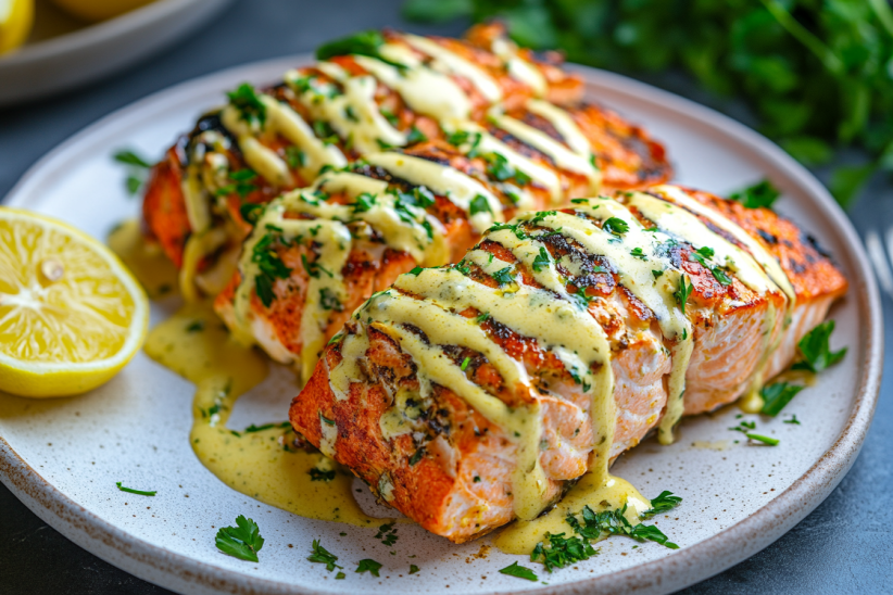 Air fryer crab stuffed salmon with lemon sauce