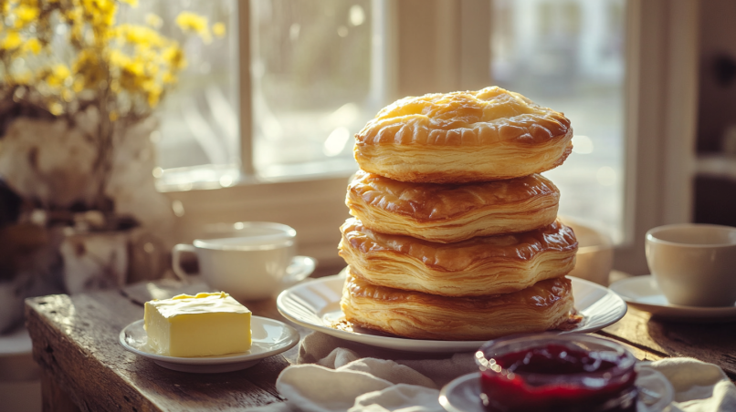 Freshly baked gipfeli recipe with coffee and jam