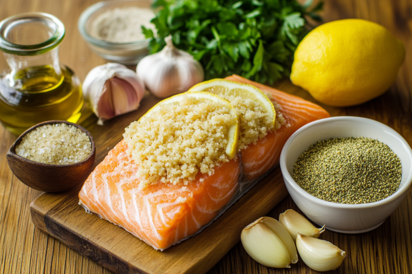 Fresh ingredients for crab stuffed salmon: crab meat, breadcrumbs, parsley, lemon, and seasonings on a wooden cutting board