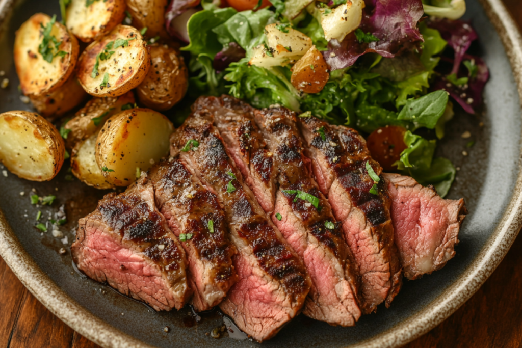 Sliced Poor Man’s Prime Rib served with roasted potatoes