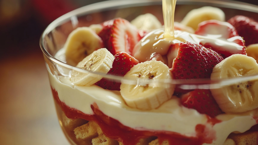 A dish being layered with vanilla wafers, banana slices, strawberries, and pudding