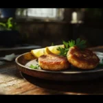 Crispy golden salmon cakes on plate