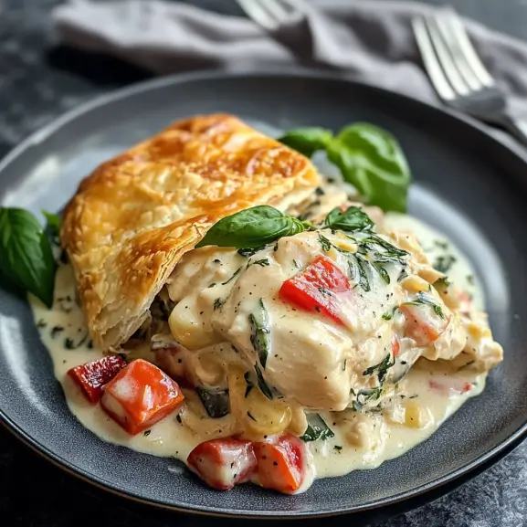 Served portion of chicken pastel on a dinner plate